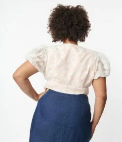 Unique Vintage Plus Size White & Peach Butterfly Burnout Wrap Crop Top