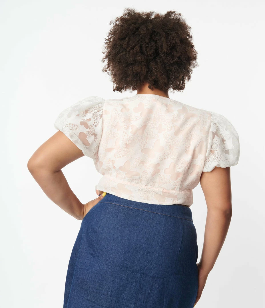 Unique Vintage Plus Size White & Peach Butterfly Burnout Wrap Crop Top