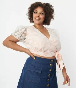 Unique Vintage Plus Size White & Peach Butterfly Burnout Wrap Crop Top
