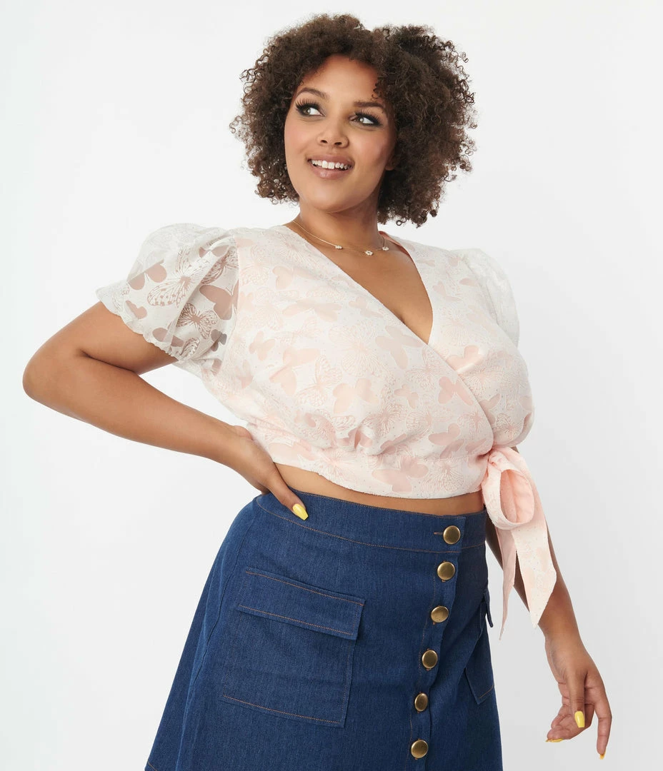 Unique Vintage Plus Size White & Peach Butterfly Burnout Wrap Crop Top