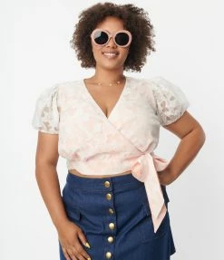 Unique Vintage Plus Size White & Peach Butterfly Burnout Wrap Crop Top