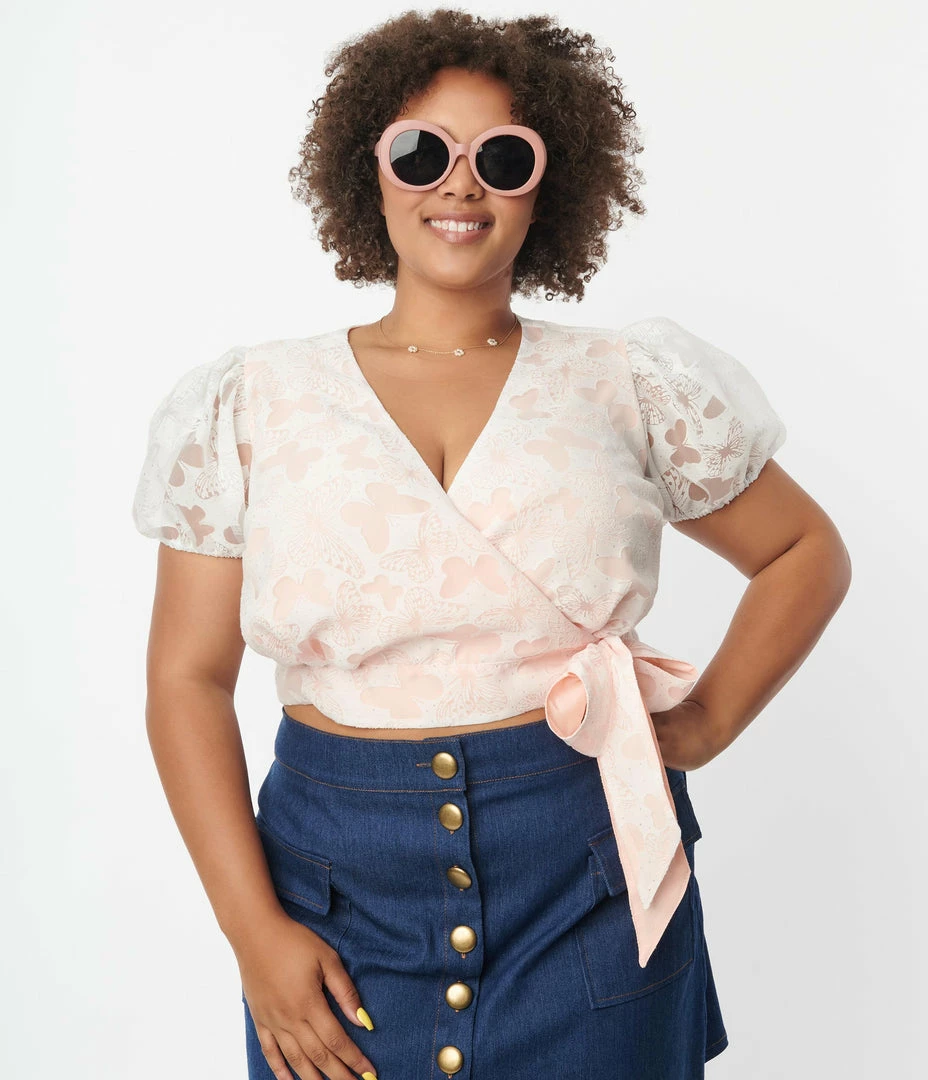 Unique Vintage Plus Size White & Peach Butterfly Burnout Wrap Crop Top