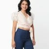 Unique Vintage White & Peach Butterfly Burnout Wrap Crop Top