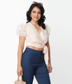 Unique Vintage White & Peach Butterfly Burnout Wrap Crop Top