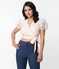 Unique Vintage White & Peach Butterfly Burnout Wrap Crop Top