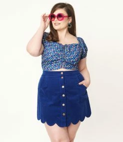 Smak Parlour Plus Size Blue & Rainbow Polka Dot Picnic Party Crop Top
