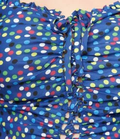 Smak Parlour Plus Size Blue & Rainbow Polka Dot Picnic Party Crop Top