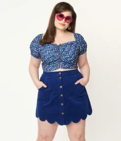 Smak Parlour Plus Size Blue & Rainbow Polka Dot Picnic Party Crop Top