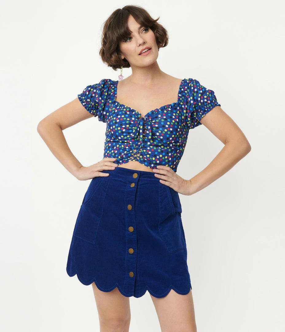 Smak Parlour Blue & Rainbow Polka Dot Picnic Party Crop Top Sale