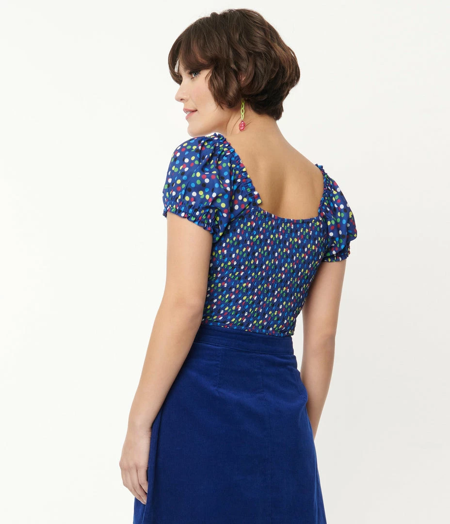 Smak Parlour Blue & Rainbow Polka Dot Picnic Party Crop Top Sale