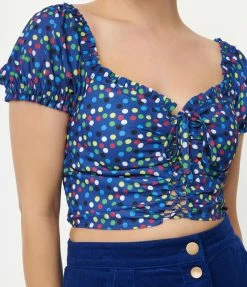 Smak Parlour Blue & Rainbow Polka Dot Picnic Party Crop Top Sale