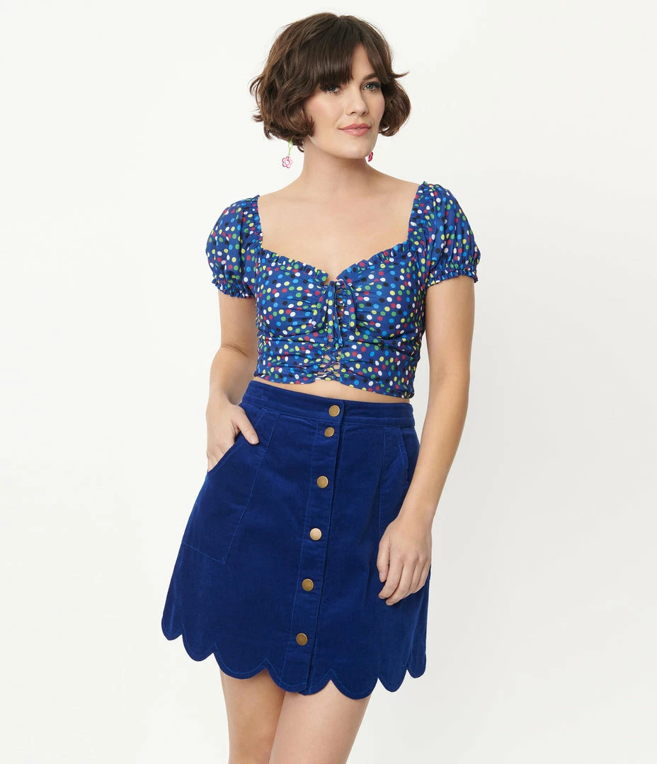 Smak Parlour Blue & Rainbow Polka Dot Picnic Party Crop Top Sale
