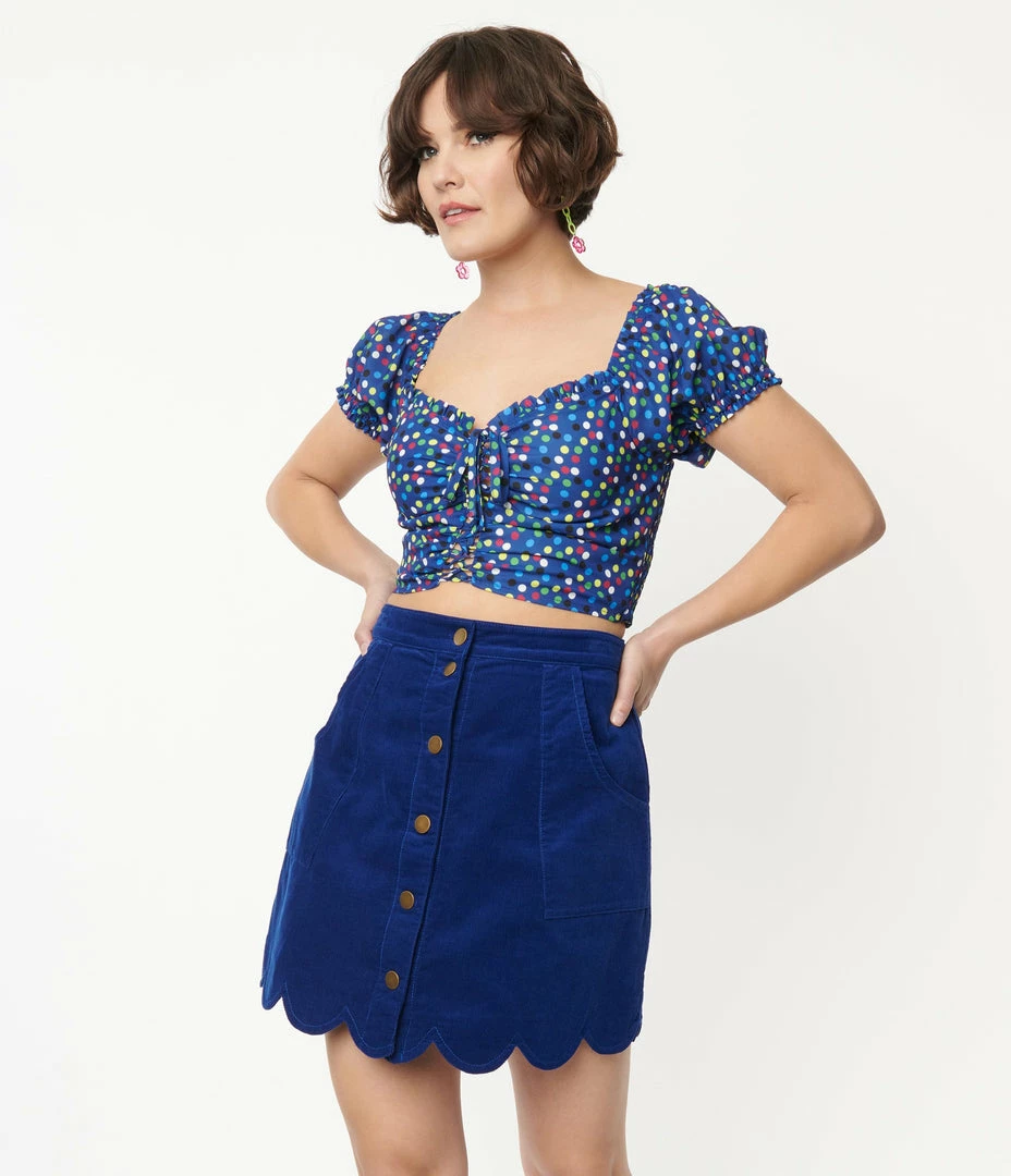 Smak Parlour Blue & Rainbow Polka Dot Picnic Party Crop Top Sale