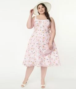 Sale Unique Vintage Plus Size 1950s Pink Floral Burnout Swing Dress