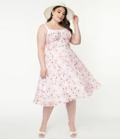 Sale Unique Vintage Plus Size 1950s Pink Floral Burnout Swing Dress