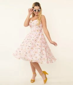 Sale Unique Vintage 1950s Pink Floral Burnout Swing Dress