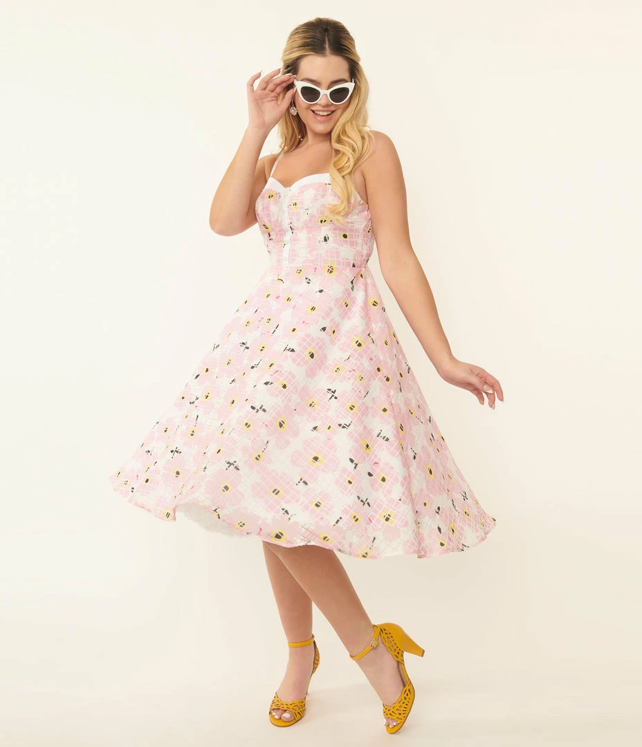 Sale Unique Vintage 1950s Pink Floral Burnout Swing Dress