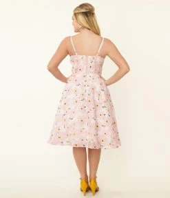 Sale Unique Vintage 1950s Pink Floral Burnout Swing Dress