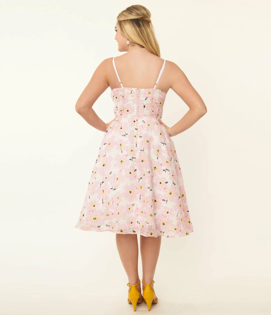 Sale Unique Vintage 1950s Pink Floral Burnout Swing Dress