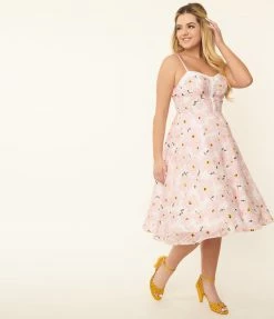 Sale Unique Vintage 1950s Pink Floral Burnout Swing Dress