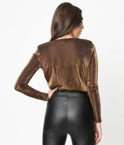 Flying Tomato Black & Gold Shimmer Long Sleeve Bodysuit Sale