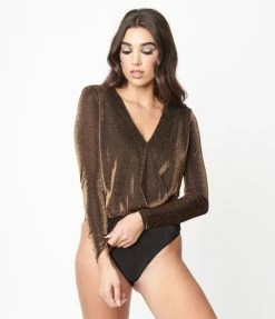 Flying Tomato Black & Gold Shimmer Long Sleeve Bodysuit Sale