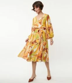 Flying Tomato Orange & Yellow Retro Swirl Print Midi Dress