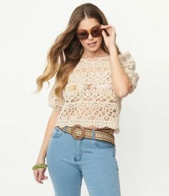 Flying Tomato Vintage Style Beige Crochet Top Sale