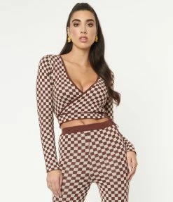 Emory Park Sale Brown Check Wrap Crop Cardigan