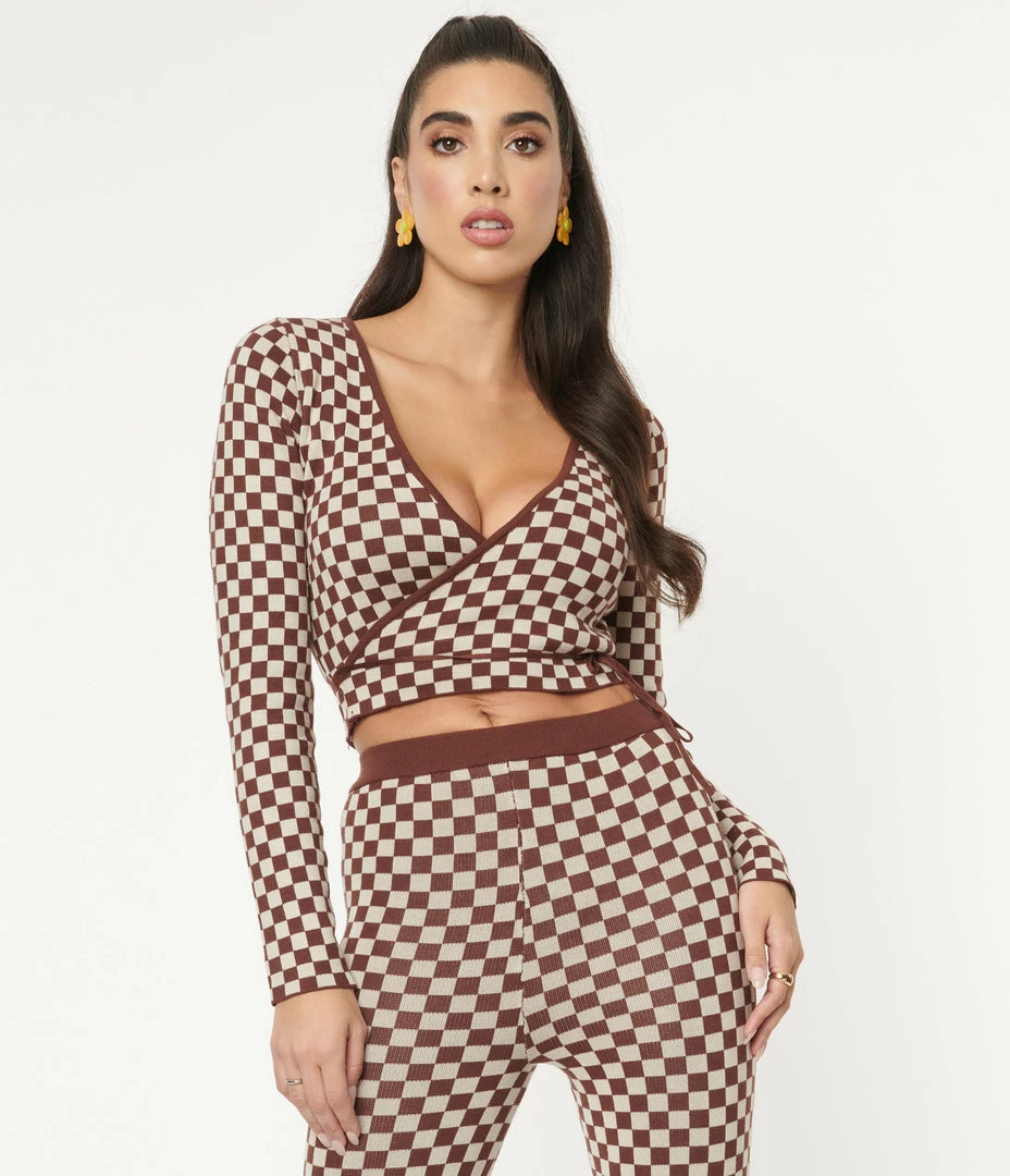 Emory Park Sale Brown Check Wrap Crop Cardigan