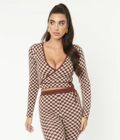 Emory Park Sale Brown Check Wrap Crop Cardigan