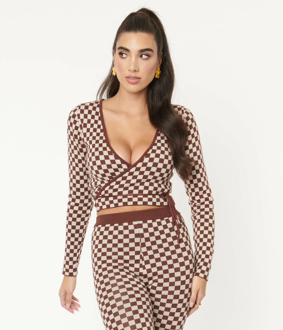 Emory Park Sale Brown Check Wrap Crop Cardigan