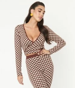 Emory Park Sale Brown Check Wrap Crop Cardigan