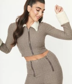 Emory Park Brown Herringbone Fur Collar Cardigan Sale