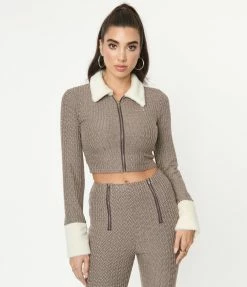 Emory Park Brown Herringbone Fur Collar Cardigan Sale