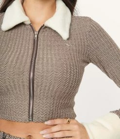 Emory Park Brown Herringbone Fur Collar Cardigan Sale