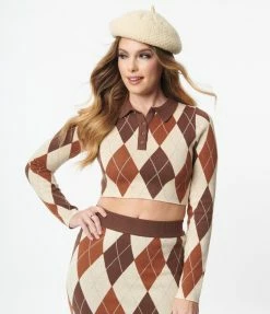 Emory Park Brown & Cream Argyle Crop Sweater Sale