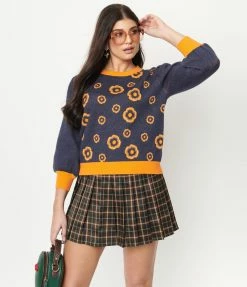 Saint Geraldine Retro Dark Blue & Orange Floral Sid Sweater Sale