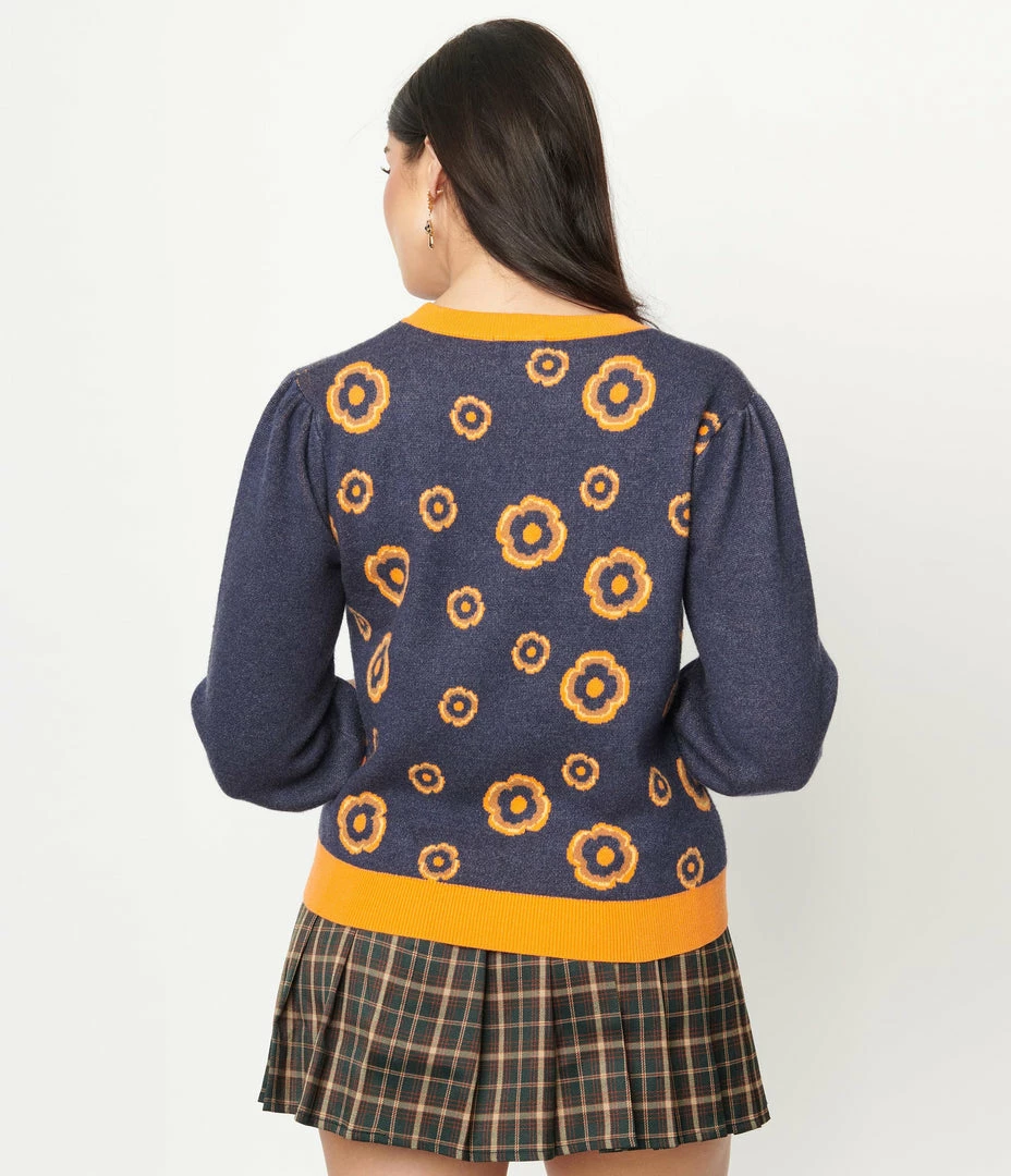 Saint Geraldine Retro Dark Blue & Orange Floral Sid Sweater Sale