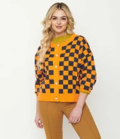 Saint Geraldine Sale Orange & Navy Check Long Sleeve Cardigan