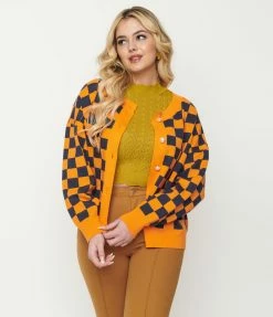 Saint Geraldine Sale Orange & Navy Check Long Sleeve Cardigan