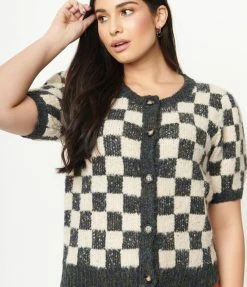 Saint Geraldine Grey & Ivory Speckled Check Cardigan Sale