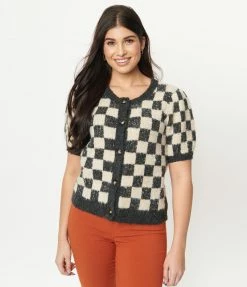 Saint Geraldine Grey & Ivory Speckled Check Cardigan Sale