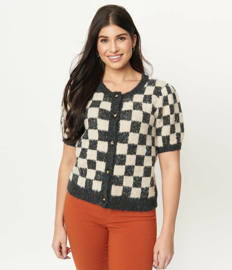 Saint Geraldine Grey & Ivory Speckled Check Cardigan Sale