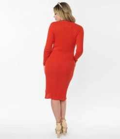 Compania Fantastica Sale Red Orange Sweater Knit Wiggle Dress