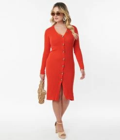 Compania Fantastica Sale Red Orange Sweater Knit Wiggle Dress