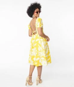 Compania Fantastica Sale Golden Yellow & White Floral Open Back Midi Dress