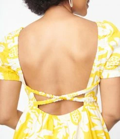 Compania Fantastica Sale Golden Yellow & White Floral Open Back Midi Dress