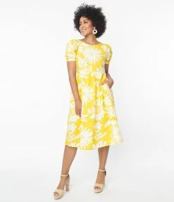 Compania Fantastica Sale Golden Yellow & White Floral Open Back Midi Dress