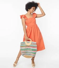 Compania Fantastica Orange Ruffle Sleeve Midi Dress